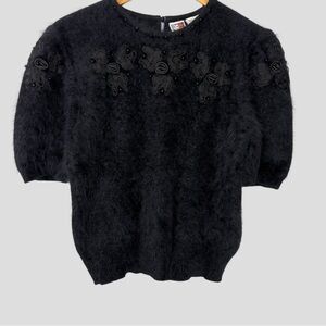 Alison H. Angora Blend Sweater Top Floral Appliqué L Black Cloud Knit Gothcore